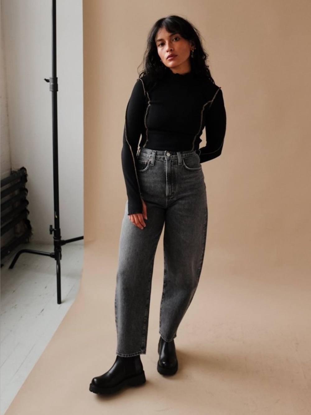 Agolde High Waisted Balloon Jean in Black Tea Grey Black Wash